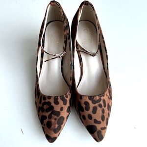 Perphy Women's Leopard pointed toe Ankle Strap & See-Thru Clear chunk Heels, 9